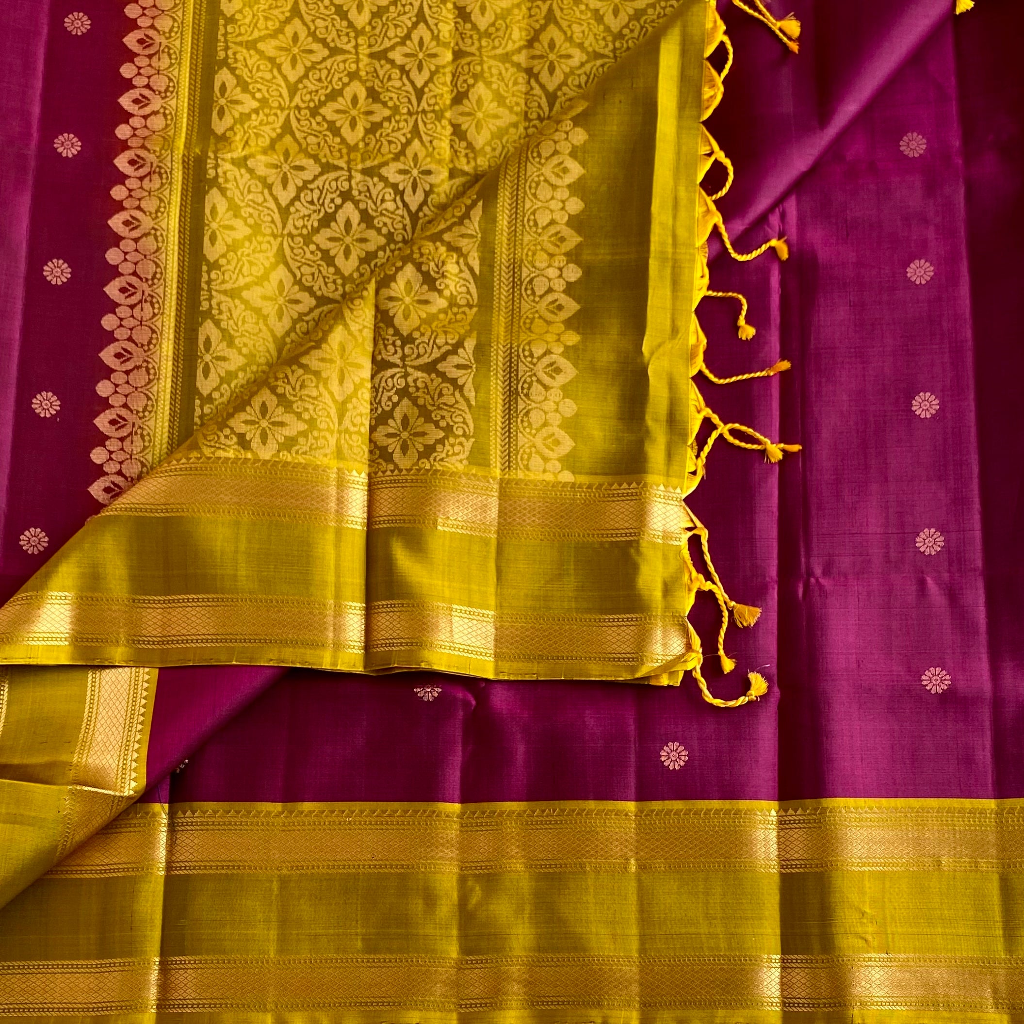 Magenta Pink Designer Pure Silk Saree With Mustard Gold Retta Petta Borders