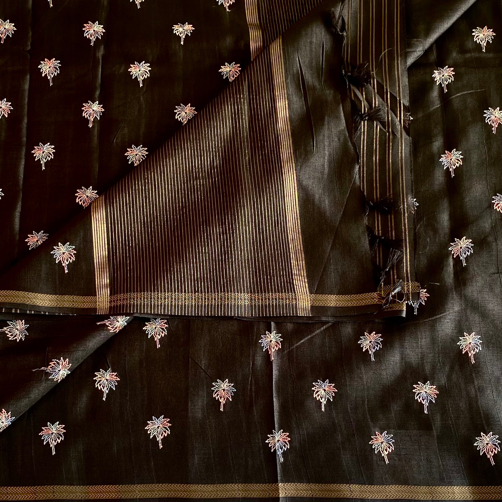 Jet Black Soft Tussar Silk Saree With Antique Gold Border And Embroidery