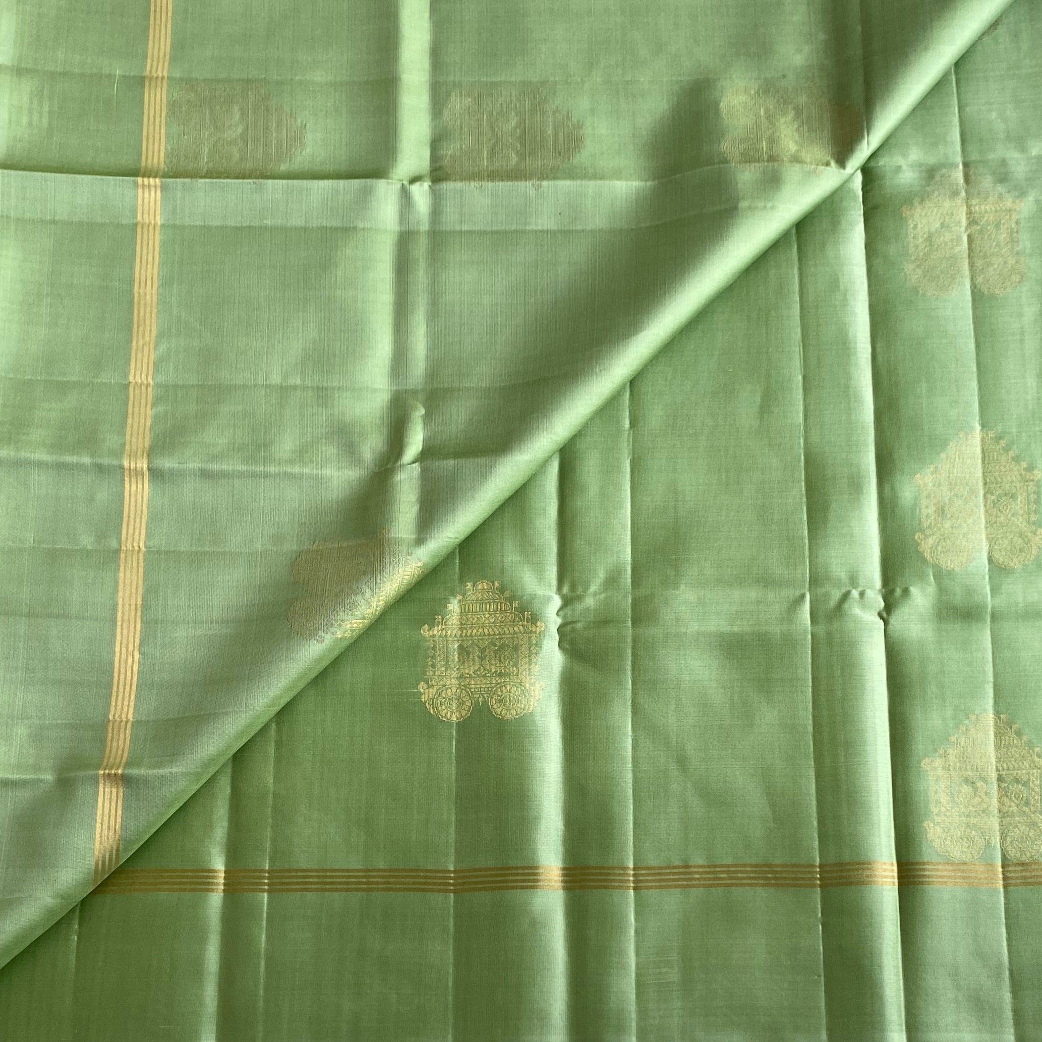 Mint Green Designer Pure Silk Saree With Antique Gold Zari