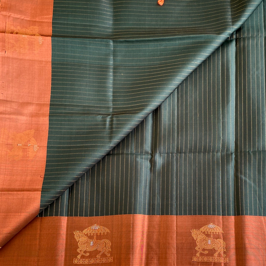 Deep Teal Green Designer Pure Silk Saree With Burnt Copper Pallu