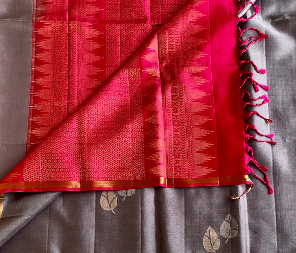 Slate Gray Designer Pure Silk Saree With Rani Pink Pallu