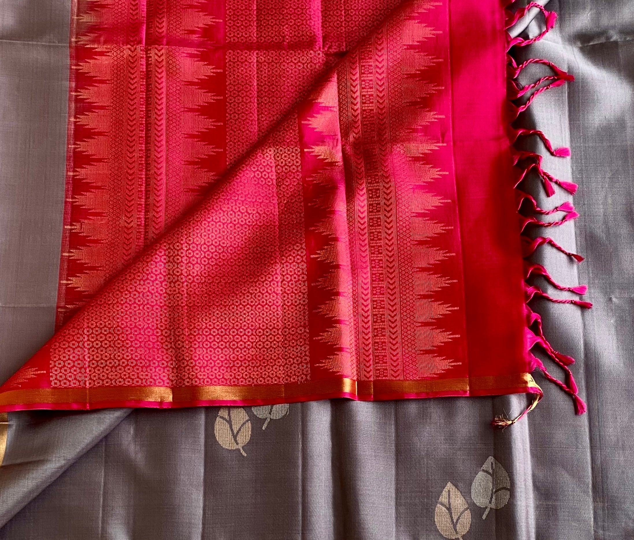 Slate Gray Designer Pure Silk Saree With Rani Pink Pallu