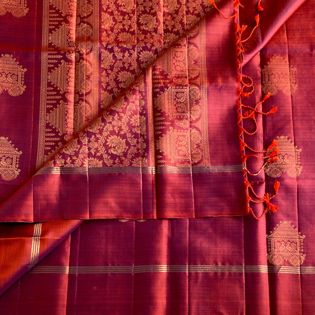 Dual Shaded Rust Magenta Designer Pure Silk With Gold Zari Buttas