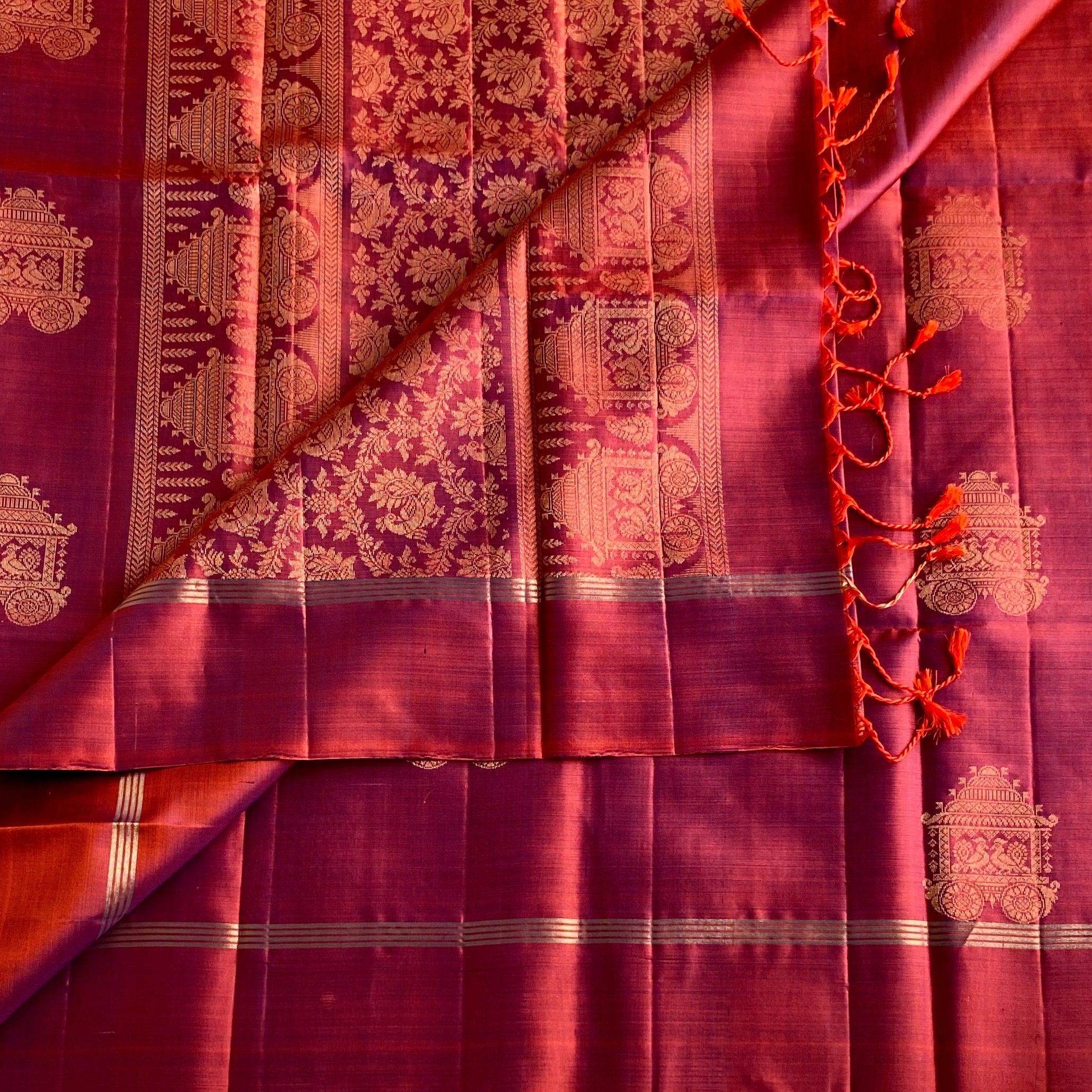 Dual Shaded Rust Magenta Designer Pure Silk With Gold Zari Buttas