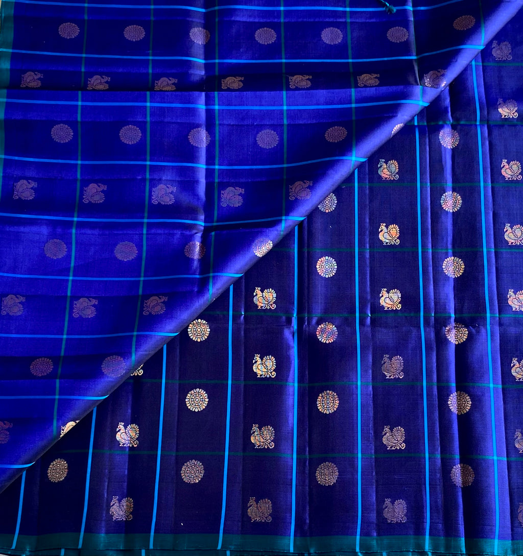 Mesmerising Royal blue with Turquoise Checkered Designer Lightweight Pure Silk