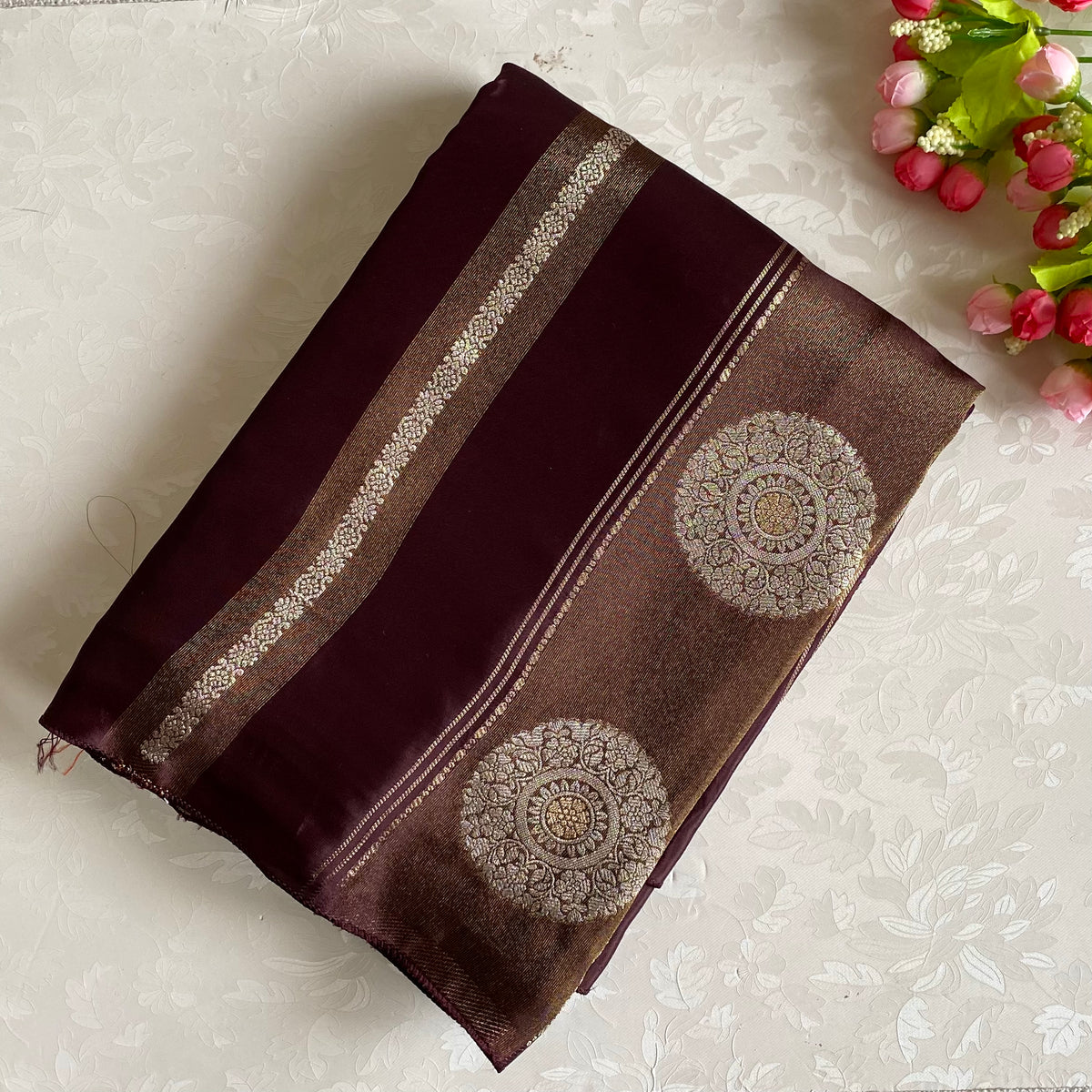 Deep Burgundy Soft Tussar Silk Saree With Antique Gold Plum Purple Pallu