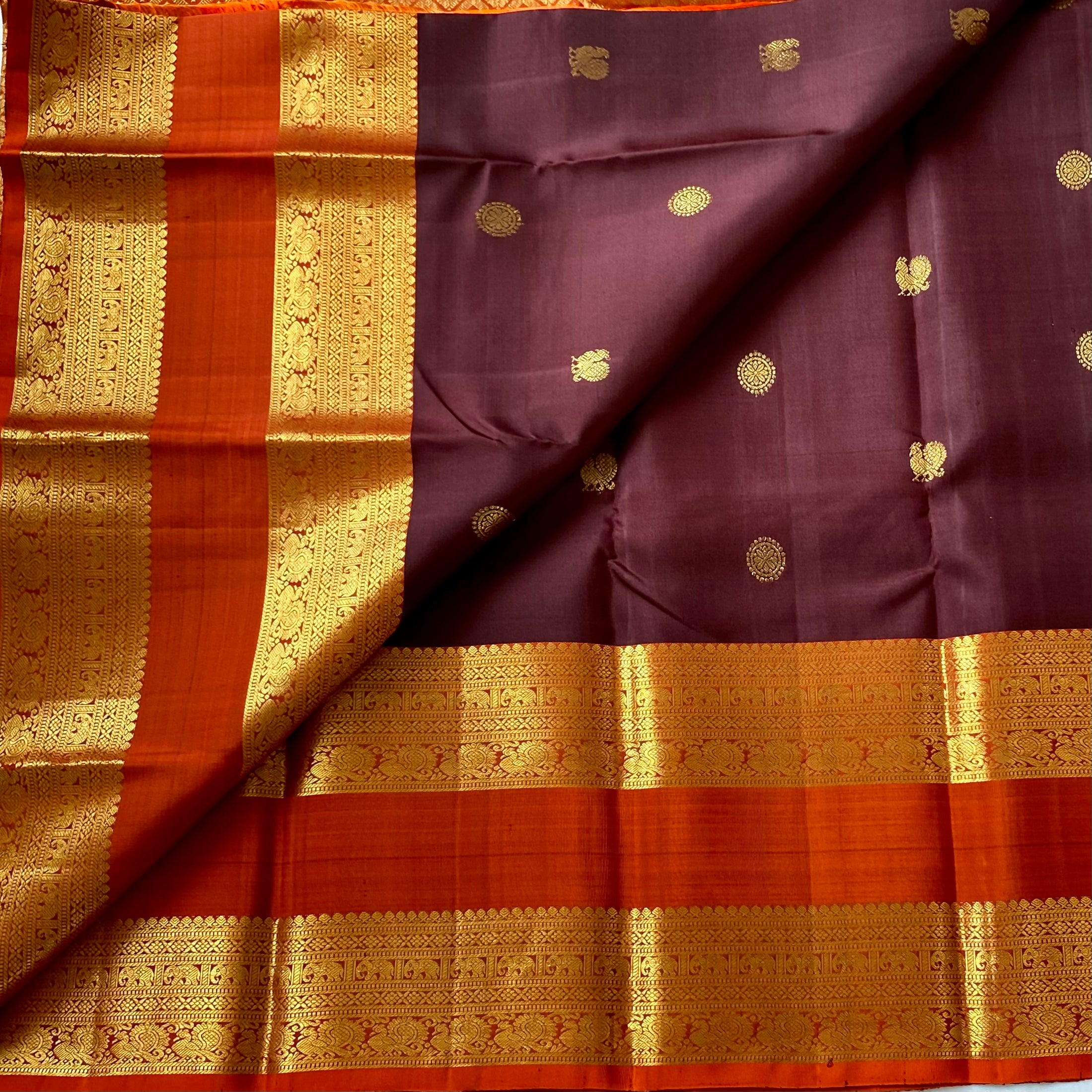 Dual shaded Coffee wine brown with classic rust orange Kanjeevaram pure zari silk