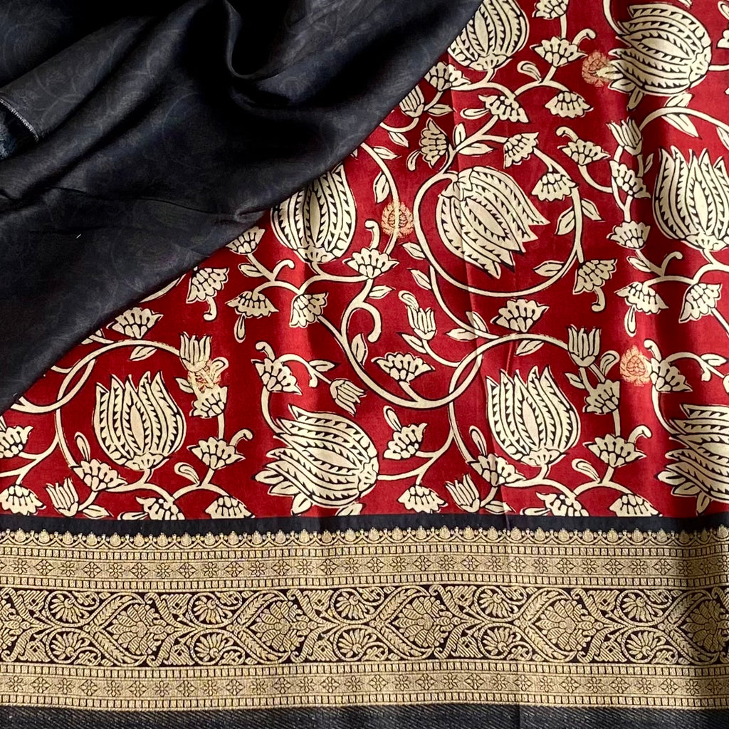 Crimson Red Soft Kalamkari Premium Tussar Silk With Midnight Black Pallu