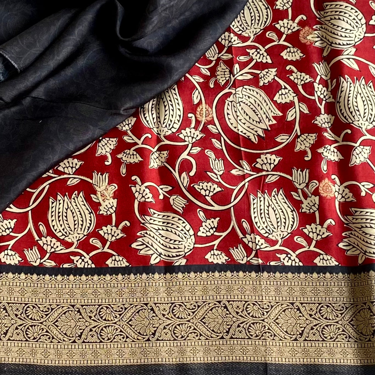 Crimson Red Soft Kalamkari Premium Tussar Silk With Midnight Black Pallu