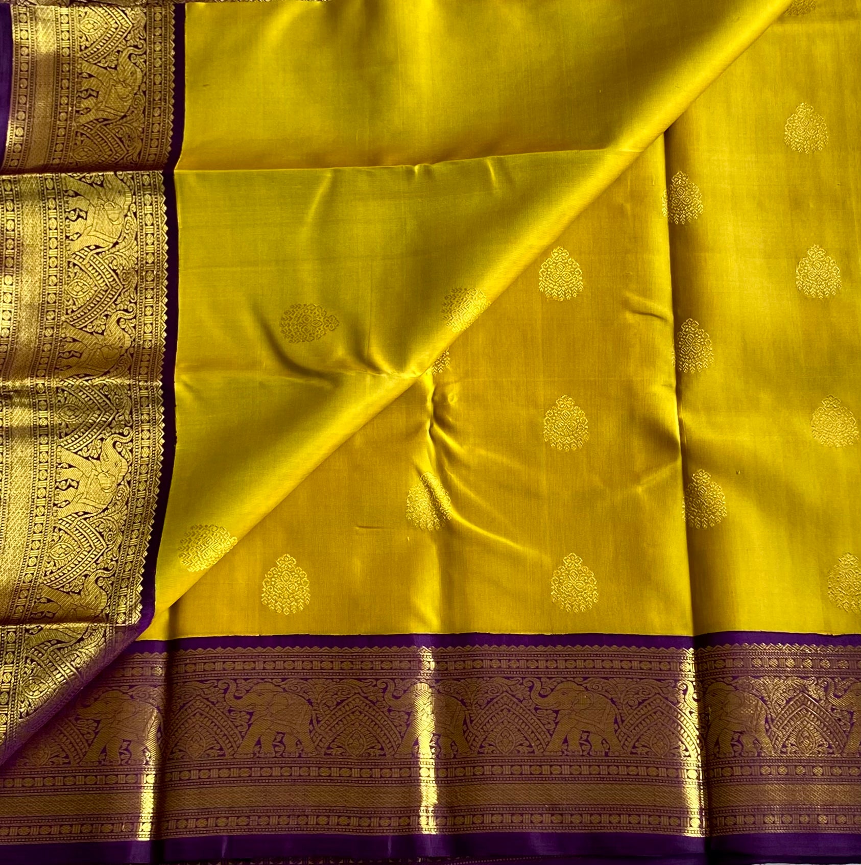 Mustard Yellow Silk Saree With Purple Brocade Pallu Elephant Border