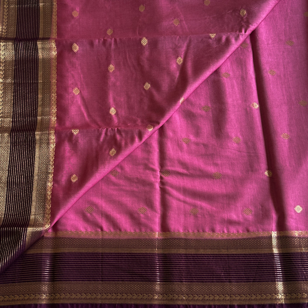 Rose Pink Saree With Plum Pallu Gold Zari Buti Motifs