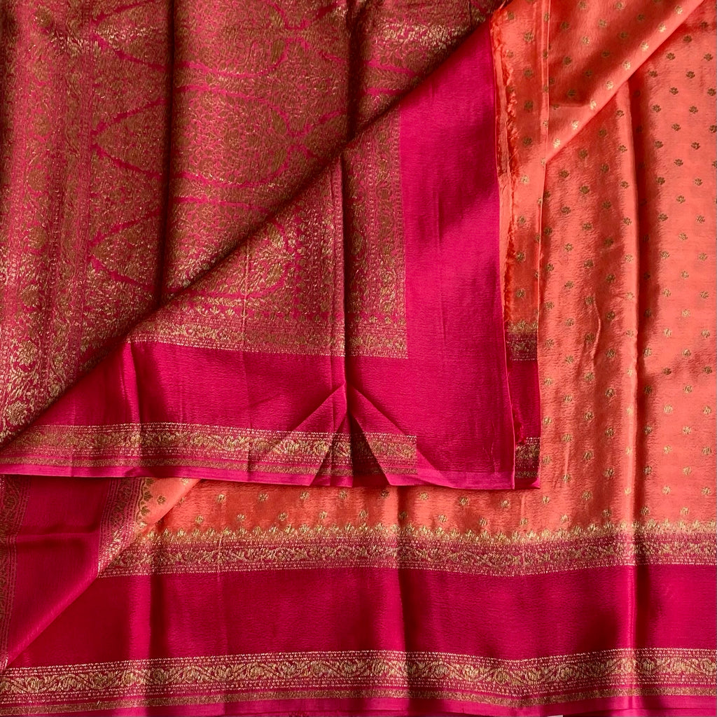 Coral Peack Banarasi Crepe Silk Saree With Rani Pink Pallu