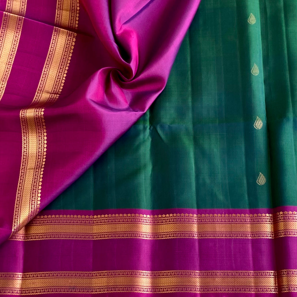 Dual Peacock Bluish Green Designer Pure Silk With Dreamy Magenta Pallu
