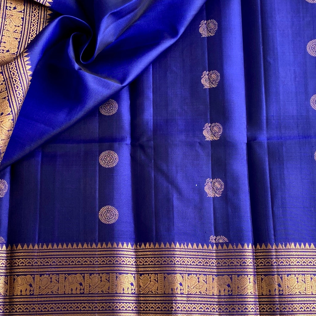 Royal Blue Antique Gold Designer Pure Silk Saree With Elephant Border