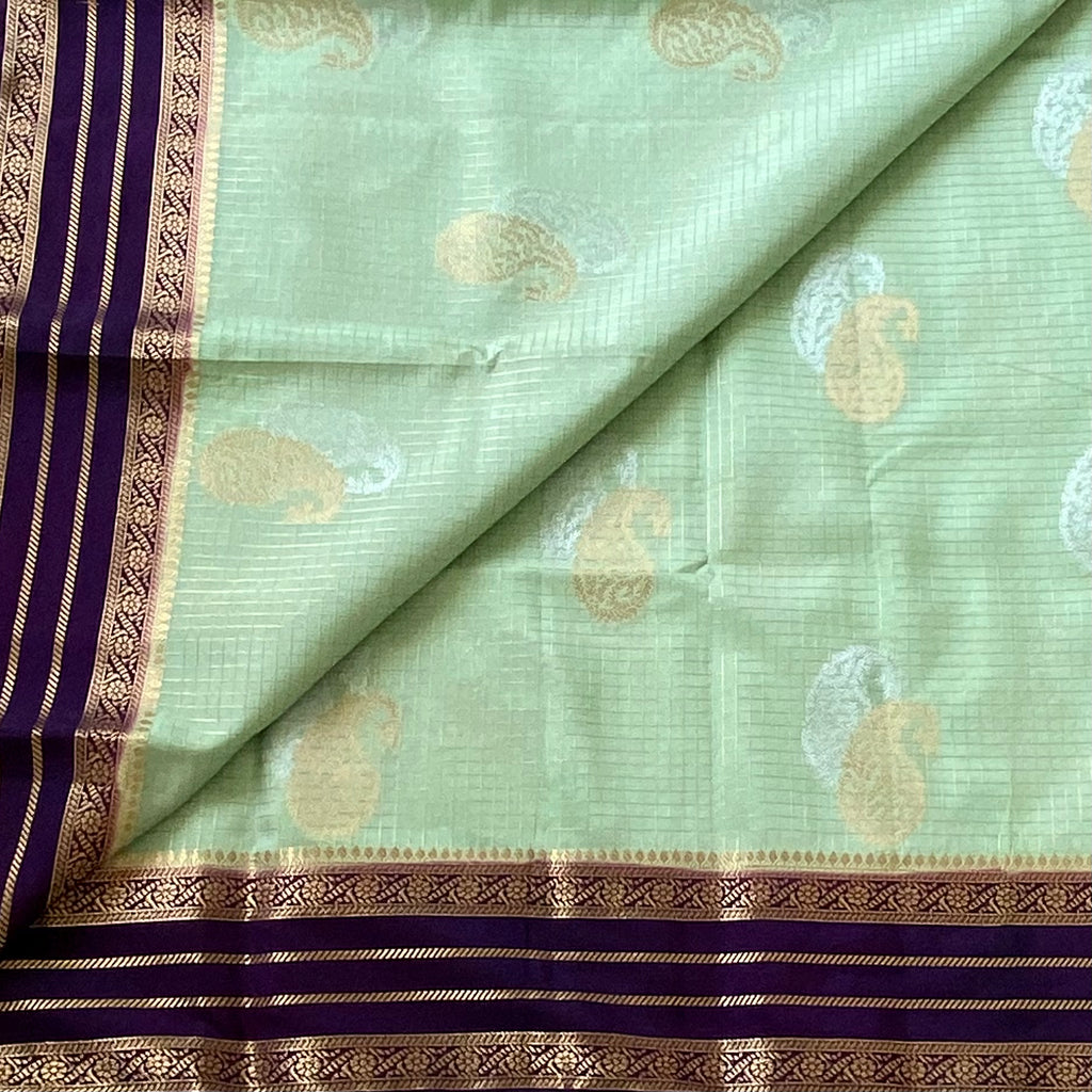 Mint Green Silk Saree with Deep Violet Gold Brocade Pallu