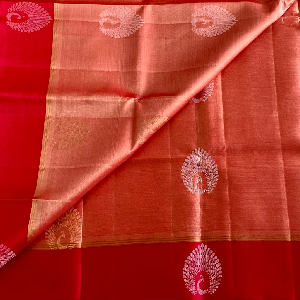 Coral Peach With Scarlet Red Designer Pure Silk With Zari Woven Motifs