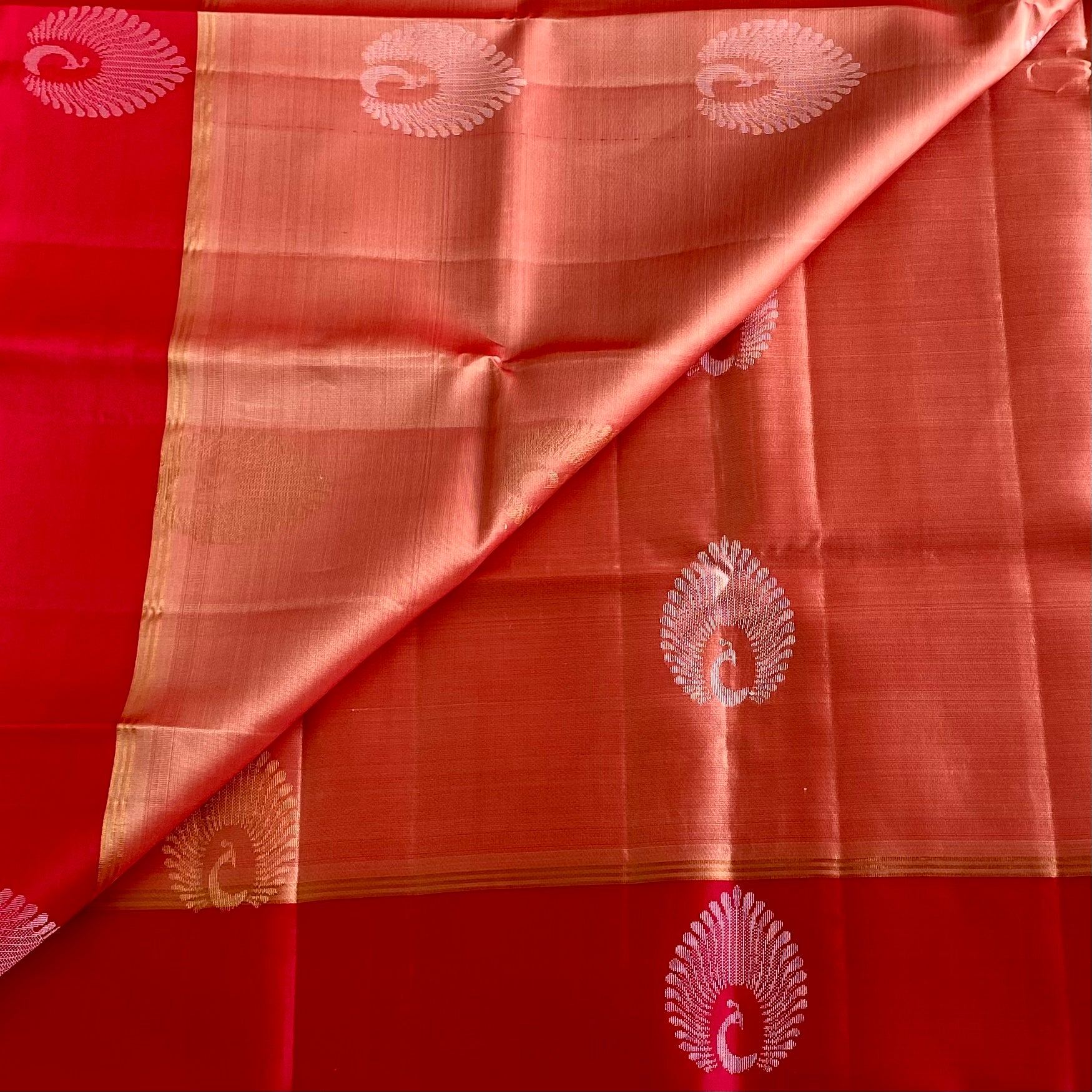 Coral Peach With Scarlet Red Designer Pure Silk With Zari Woven Motifs