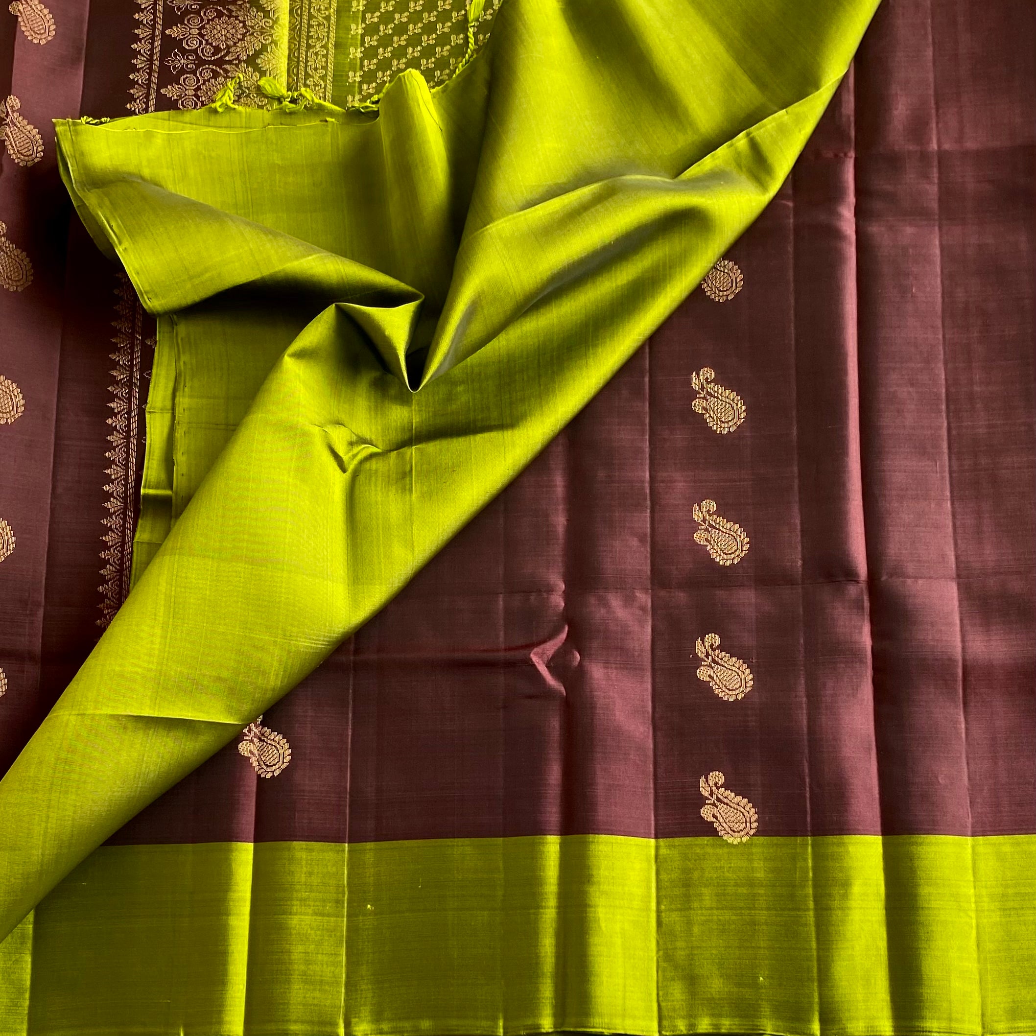 Chocolate Fantasy With Chartreuse Green Designer Pure Silk Saree