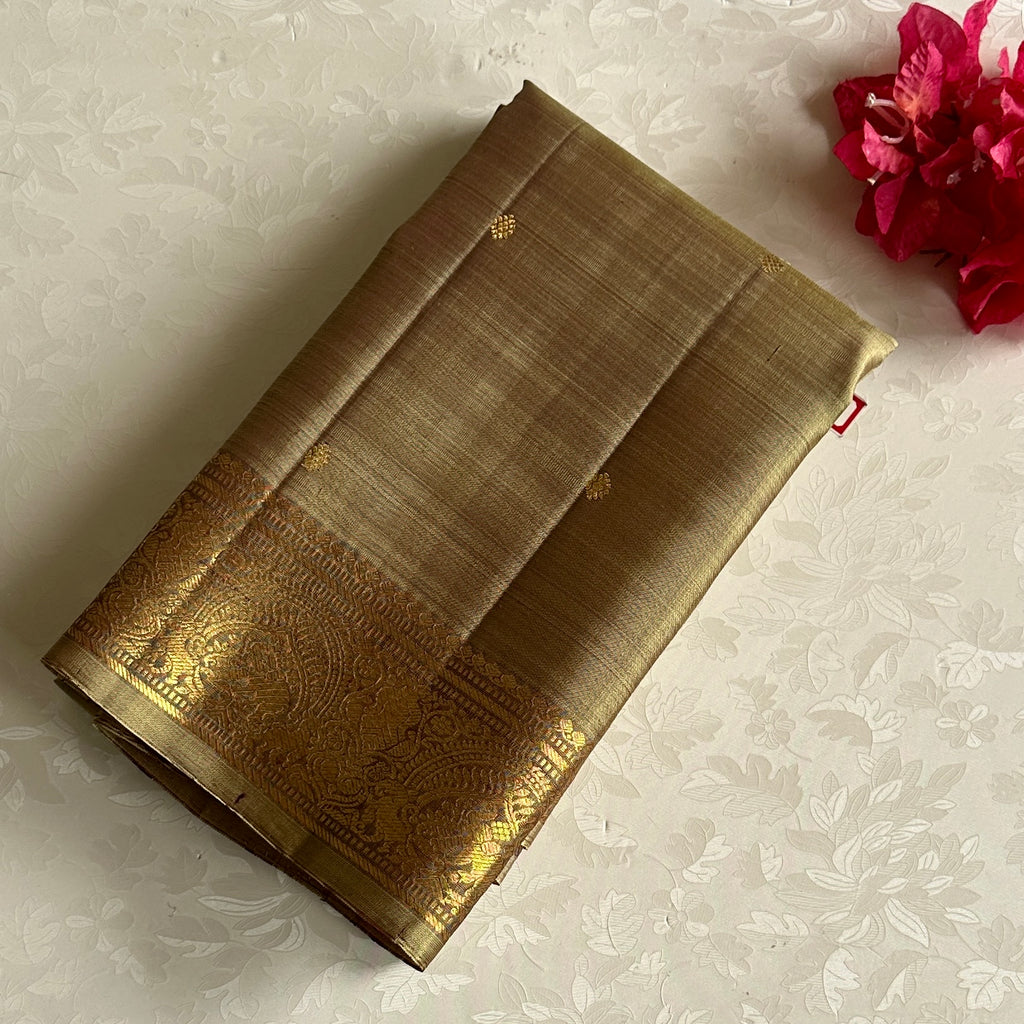 Sage Green Mix Beige Kanjeevaram Pure Zari Silk Saree With Metallic Gold Pallu