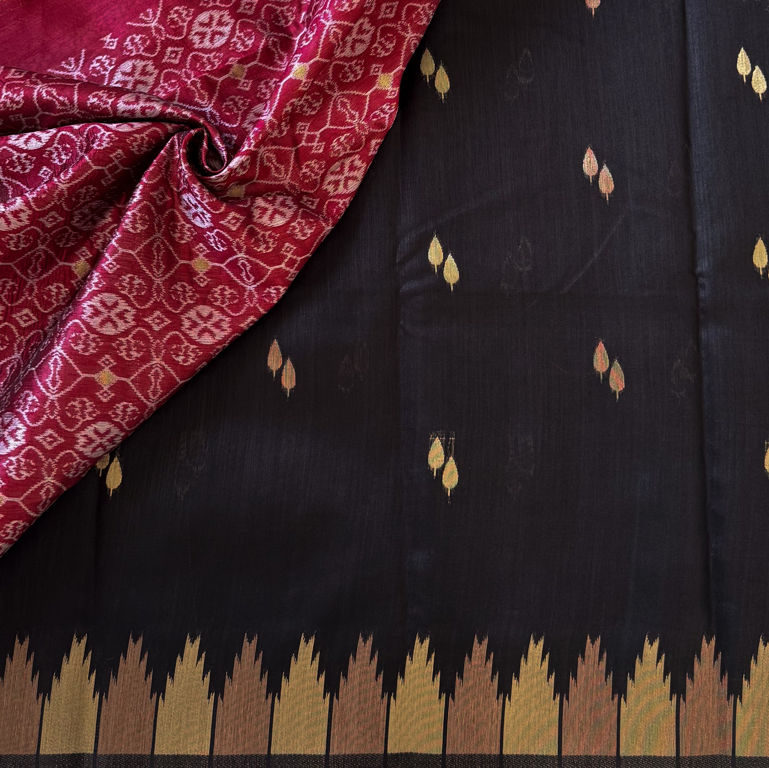 Burgundy Black Ikat Saree with Gold Temple Border Festive Wear