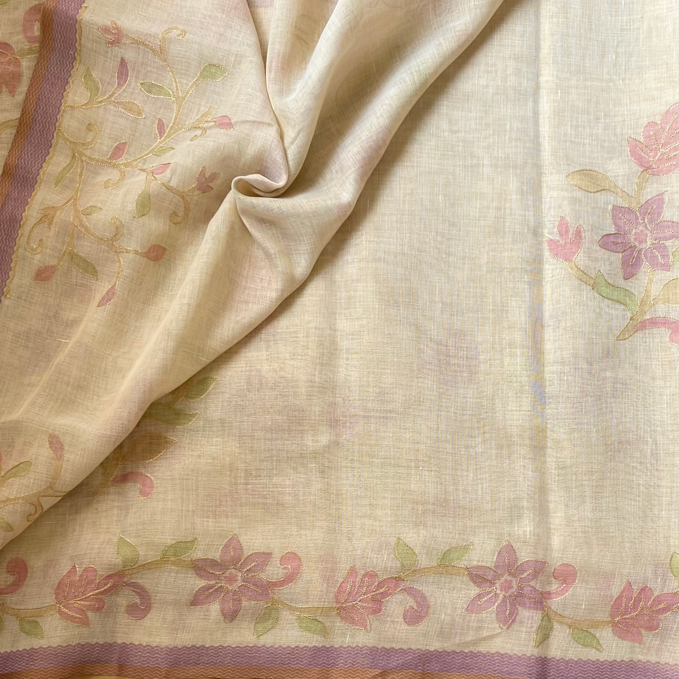 Beige Pastel Floral Embroidered Saree Gold Threadwork Lavender soft linen stunner