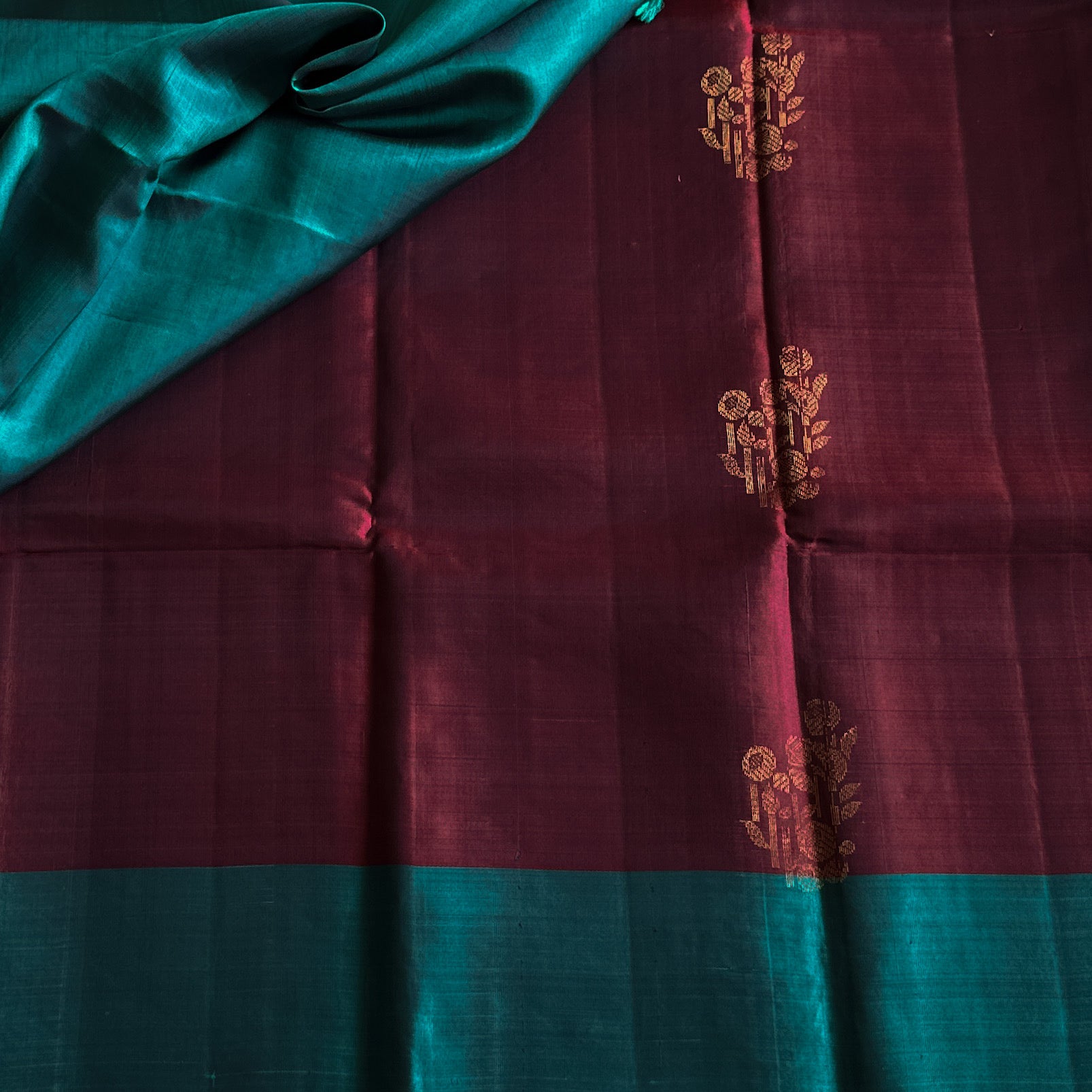 Deep Wine Maroon with Turquoise Silk Saree Silver Brocade Floral Geometric Weave Traditional