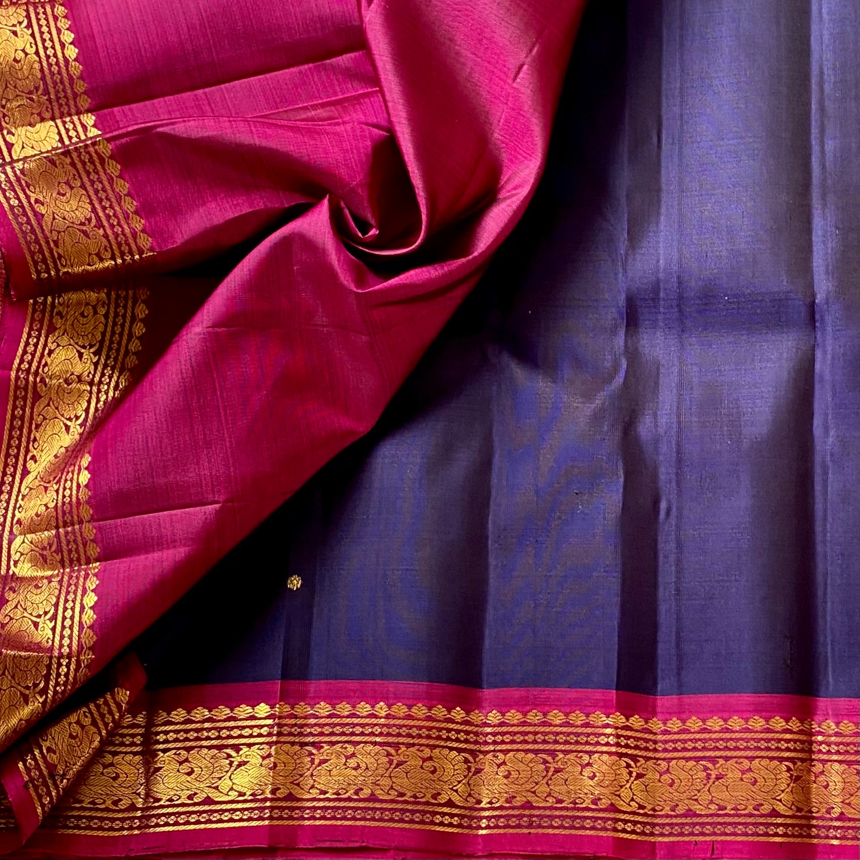Magenta Navy Silk Saree Gold Zari Lattice Border Wedding Traditional