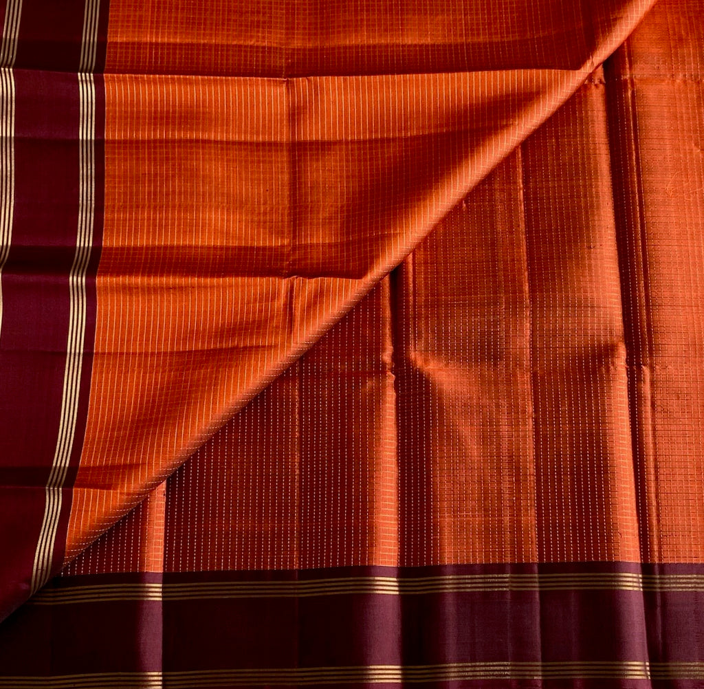 Deep Maroon Designer Pure Silk Saree With Burnt Orange Pallu