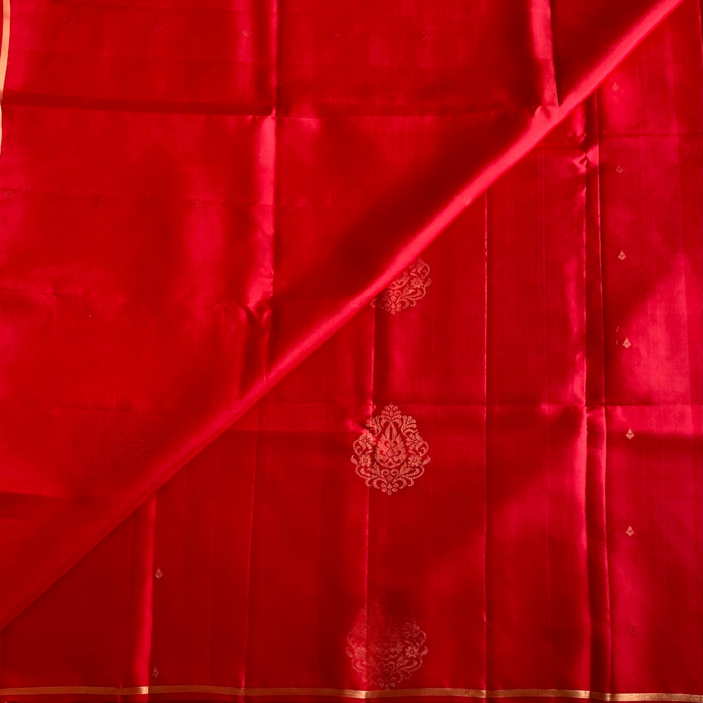 Crimson Red Designer Pure Silk Saree With Antique Gold Jaal