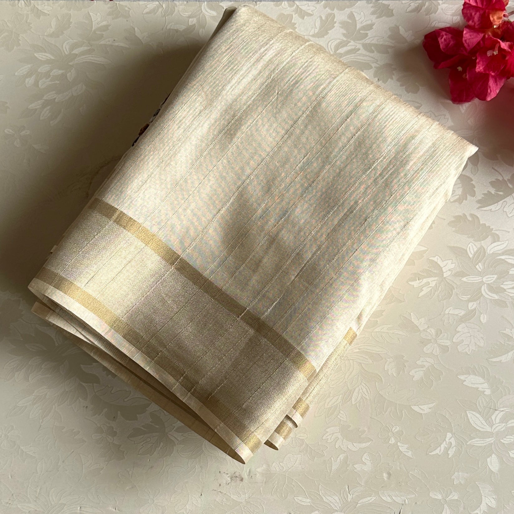Elegant Champagne Saree Lavender Mustard Floral Embroidery Gold Border Traditional