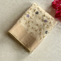 Pale Beige Floral Embroidered Saree Antique Gold Zari Broad Border