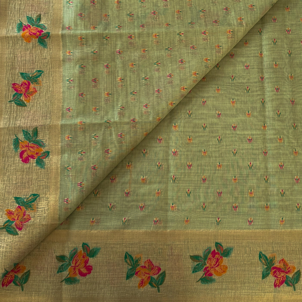 Elegant Pistachio Floral Zari Tassel Saree For Festive Traditional Occasions
