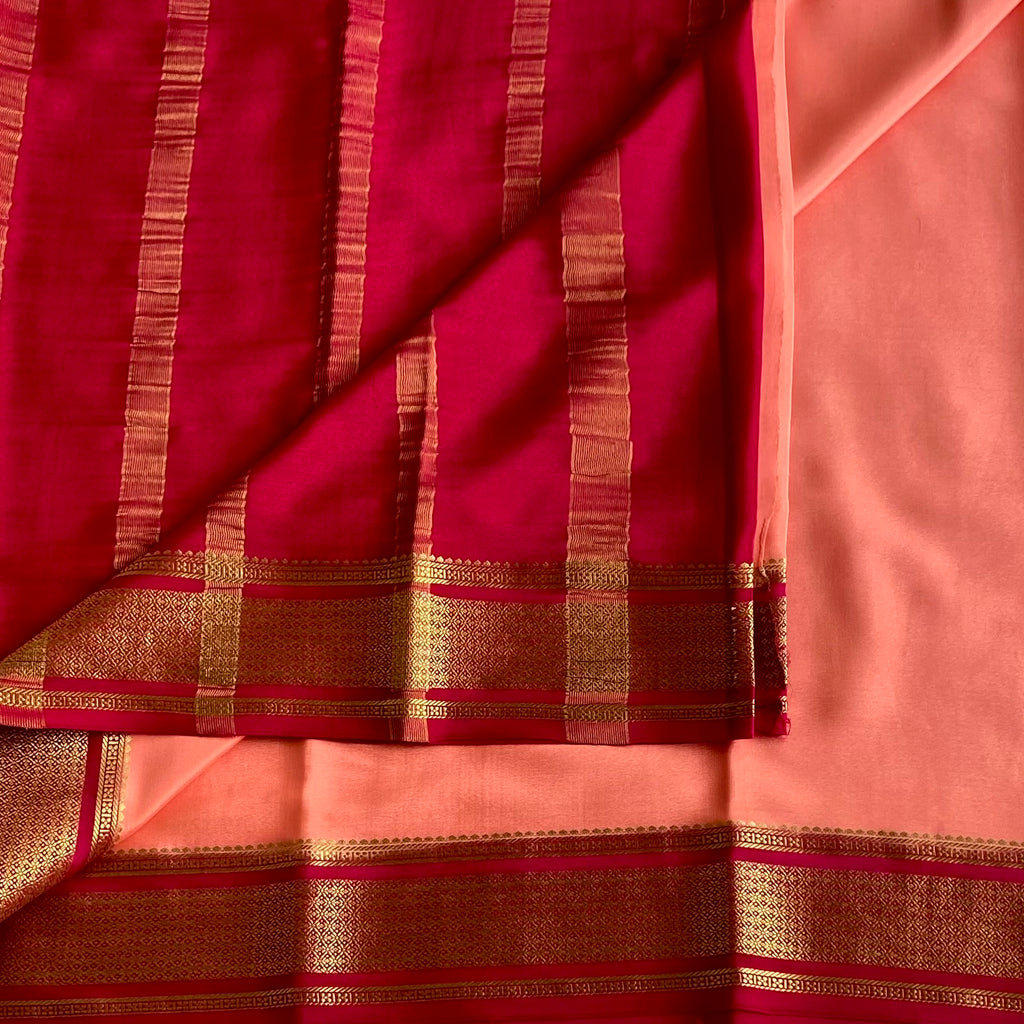 Sorbet Peach Mysore Crepe Silk Saree Rani Pink Gold Zari Border