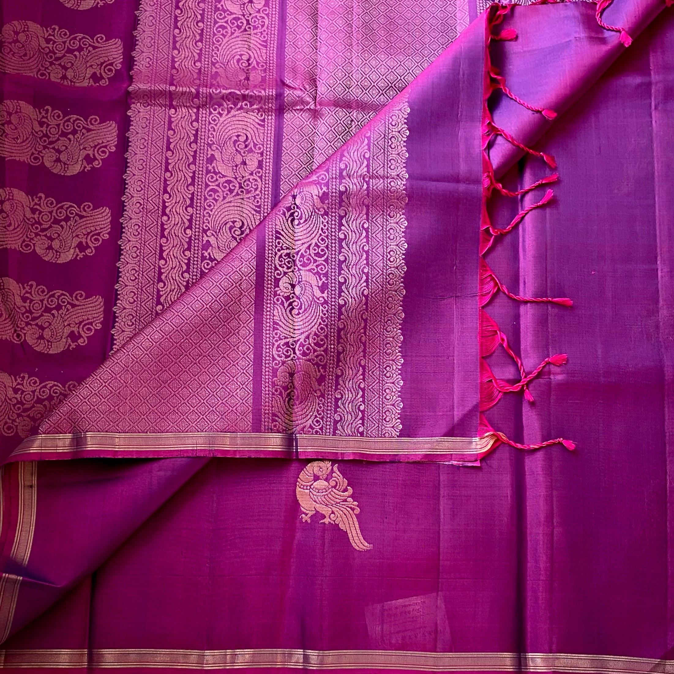 Magenta Silk Saree Gold Zari Paisley Diamond Pallu Wedding Saree