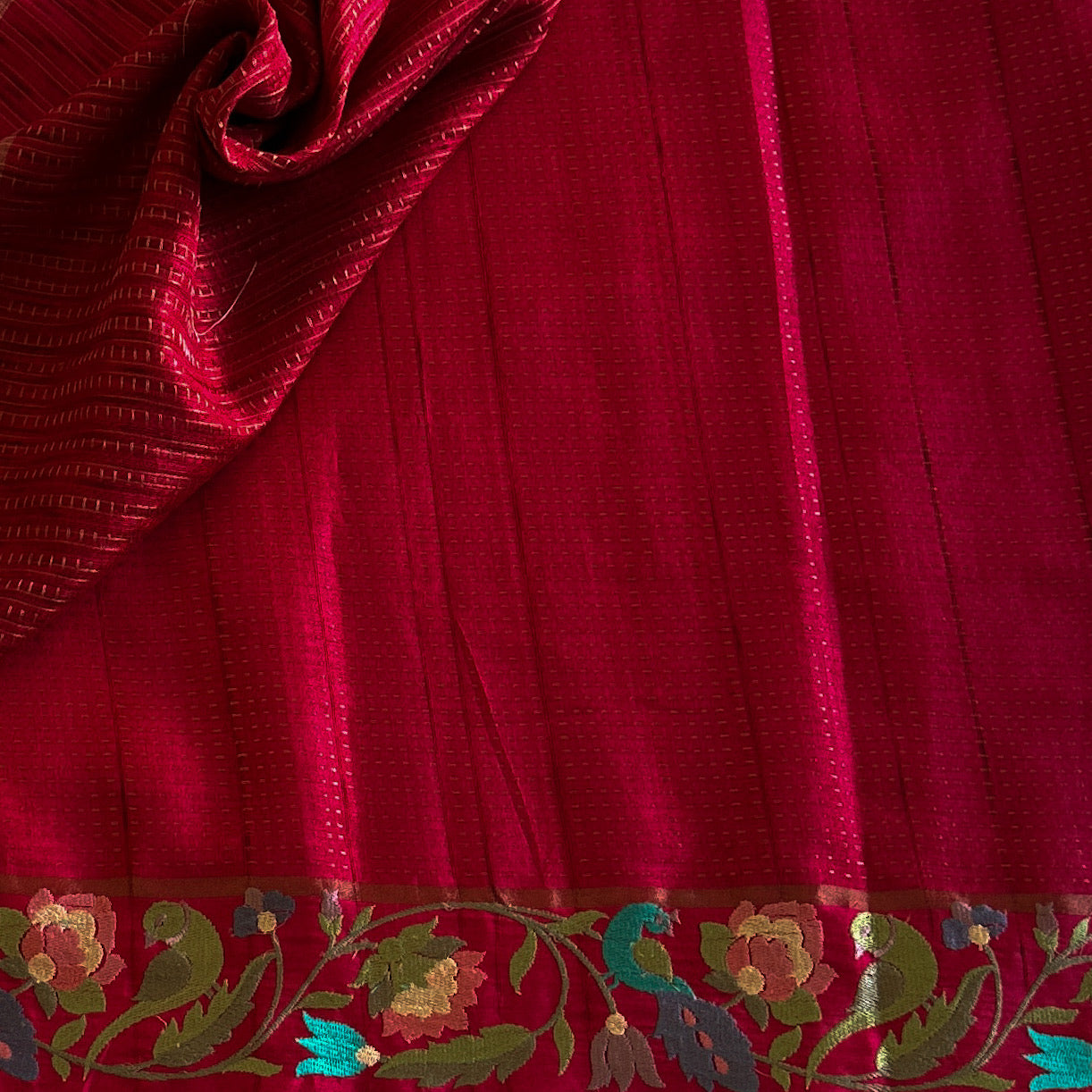 Deep Magenta Silk Saree Gold Zari Floral Embroidered Border Traditional