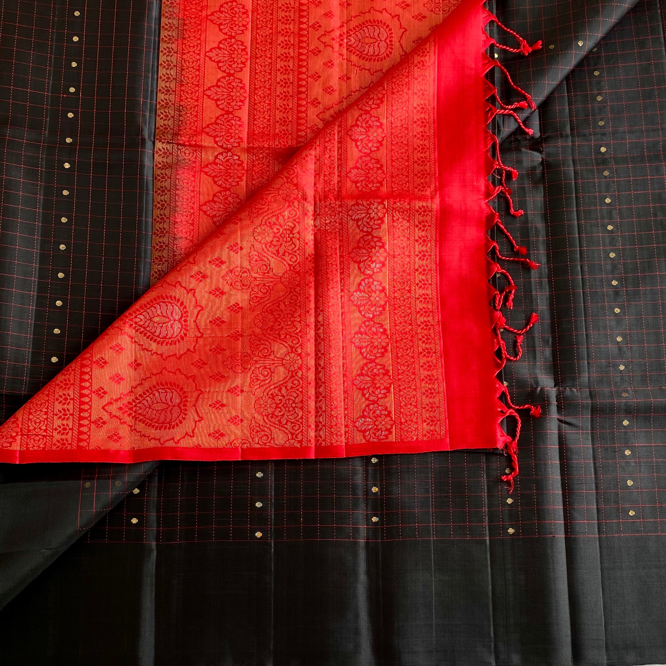 Jet Black Designer Pure Silk Saree Scarlet Red Pallu