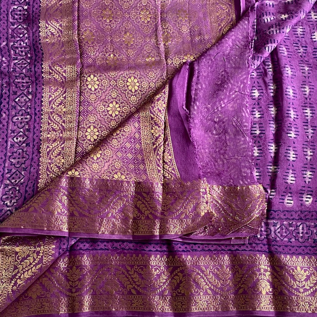 Royal Purple AJRAKH HANDBLOCK PRINTED tussar SILK Saree With Antique Gold Brocade Border