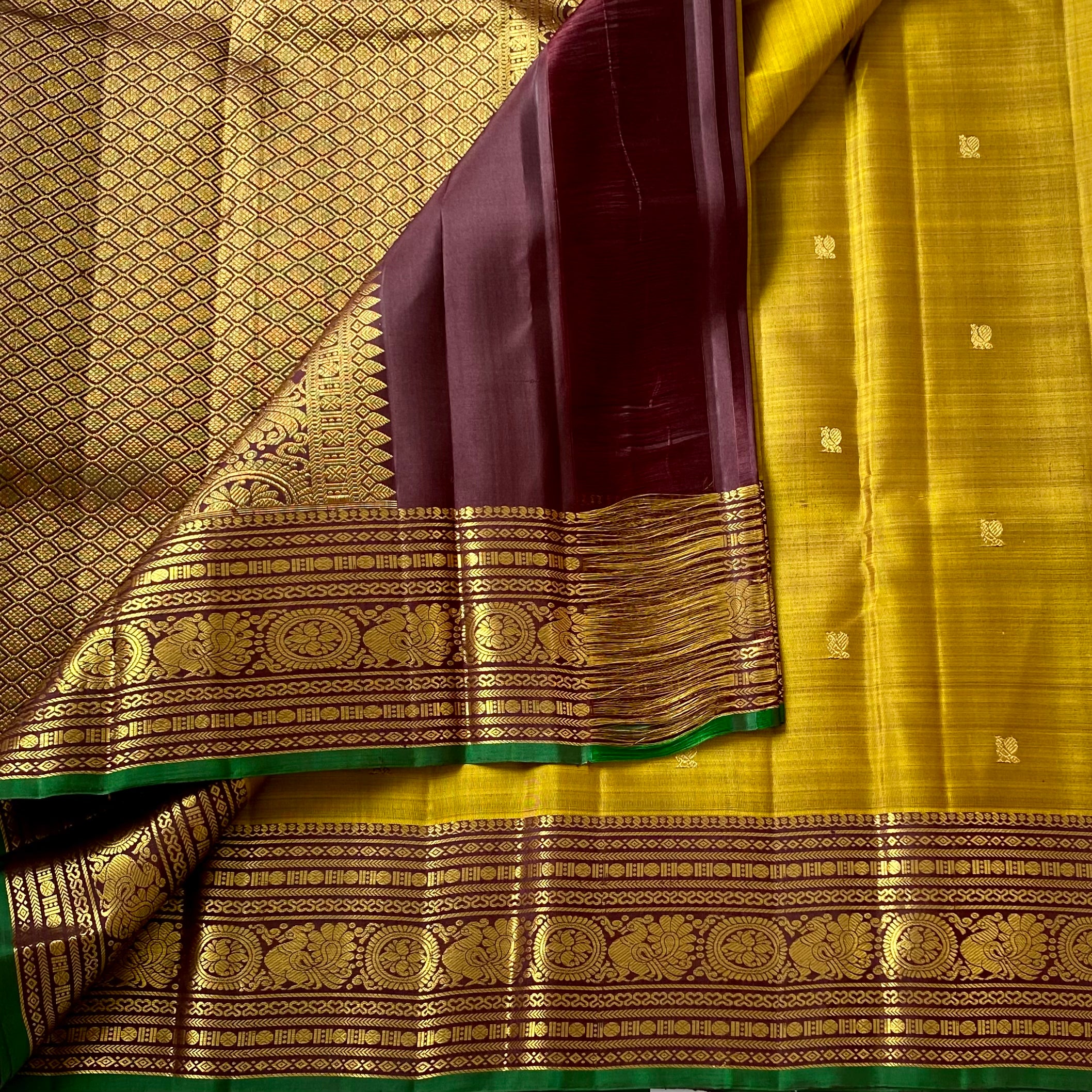 Mustard Yellow Silk Saree Burgundy Pallu Gold Brocade Green Border