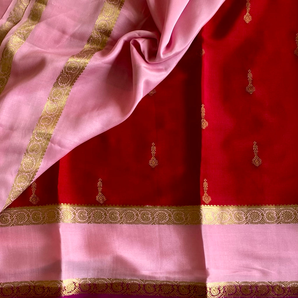 Royal Red Mysore Crepe Silk Saree With Powder Pink Pallu Gold Border