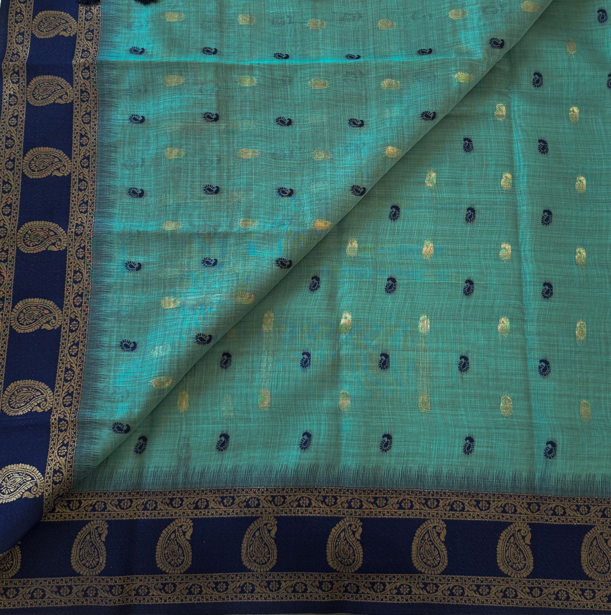Teal Navy Gold Paisley Zari Saree With Tassels Elegant Traditional
