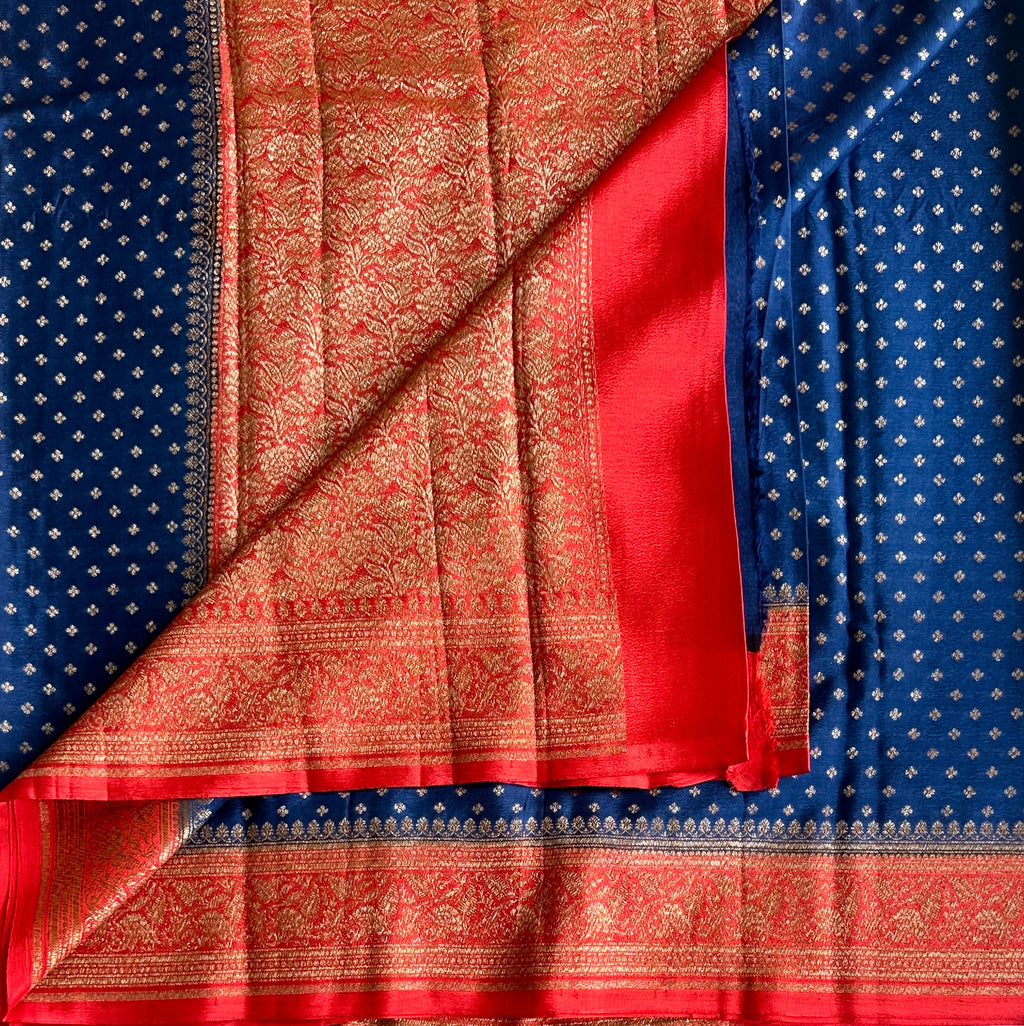Denim Blue Banarasi Soft Crepe with  Red Pallu Gold Brocade Traditional
