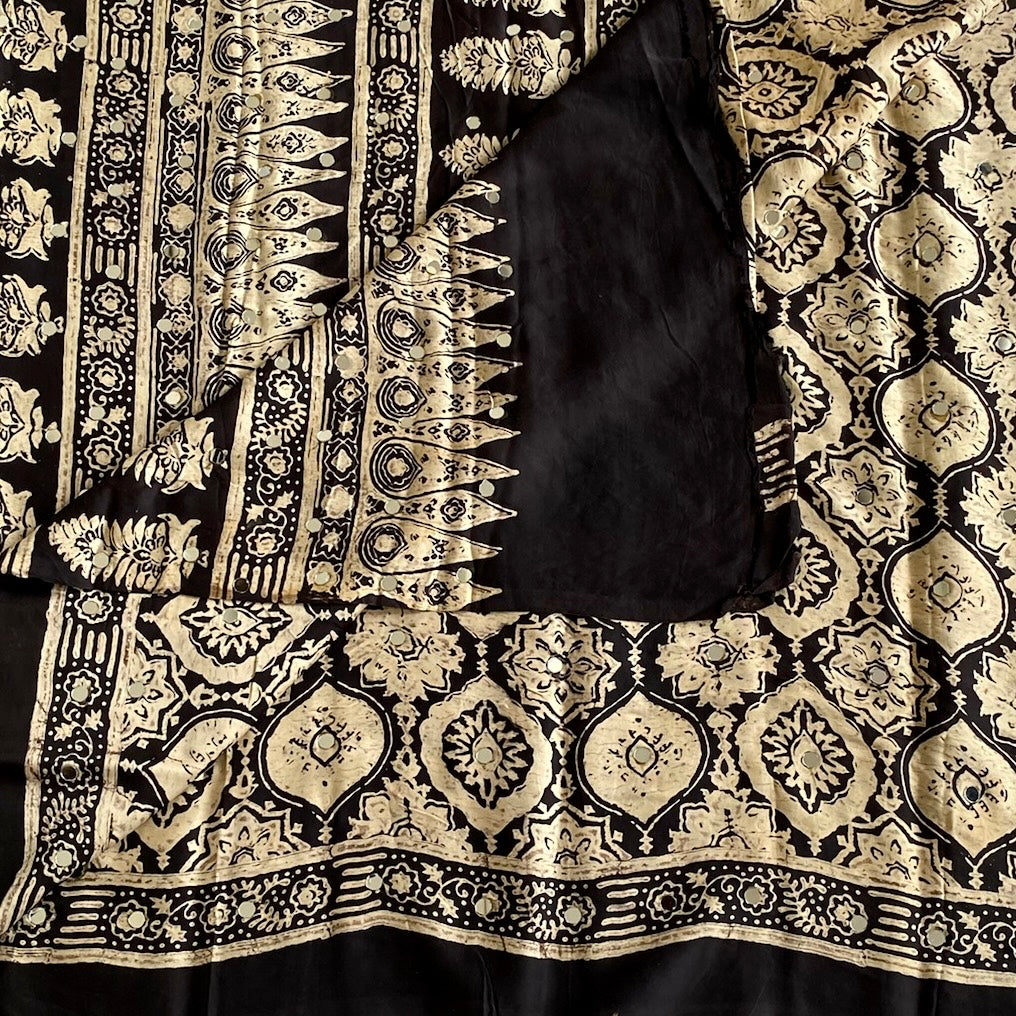 Ajrakh Handblock Printed Silk with Mirror Handwork Jet Black Saree With Antique Gold Motifs