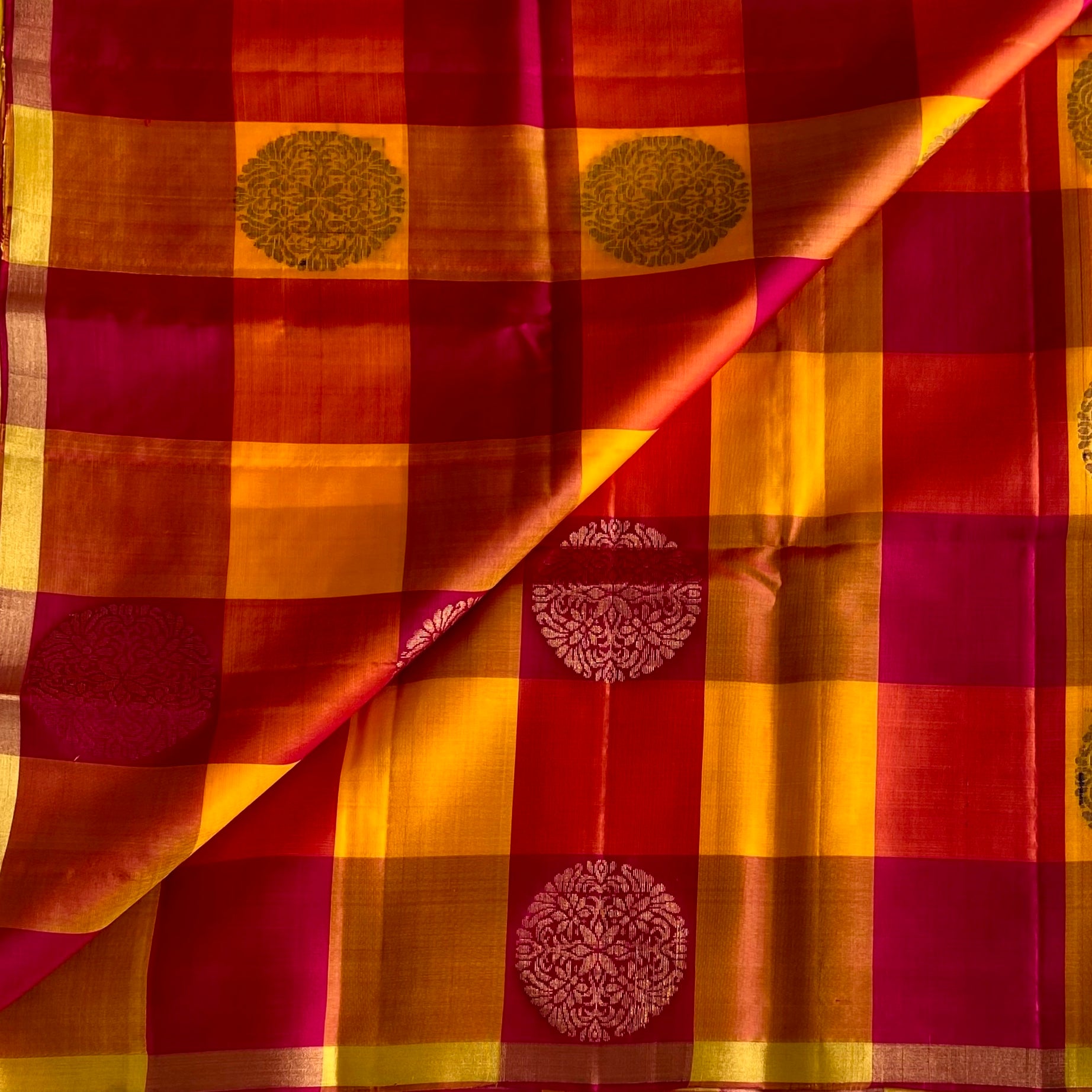 Shades of Red & Yellow Checkered Designer Pure Silk