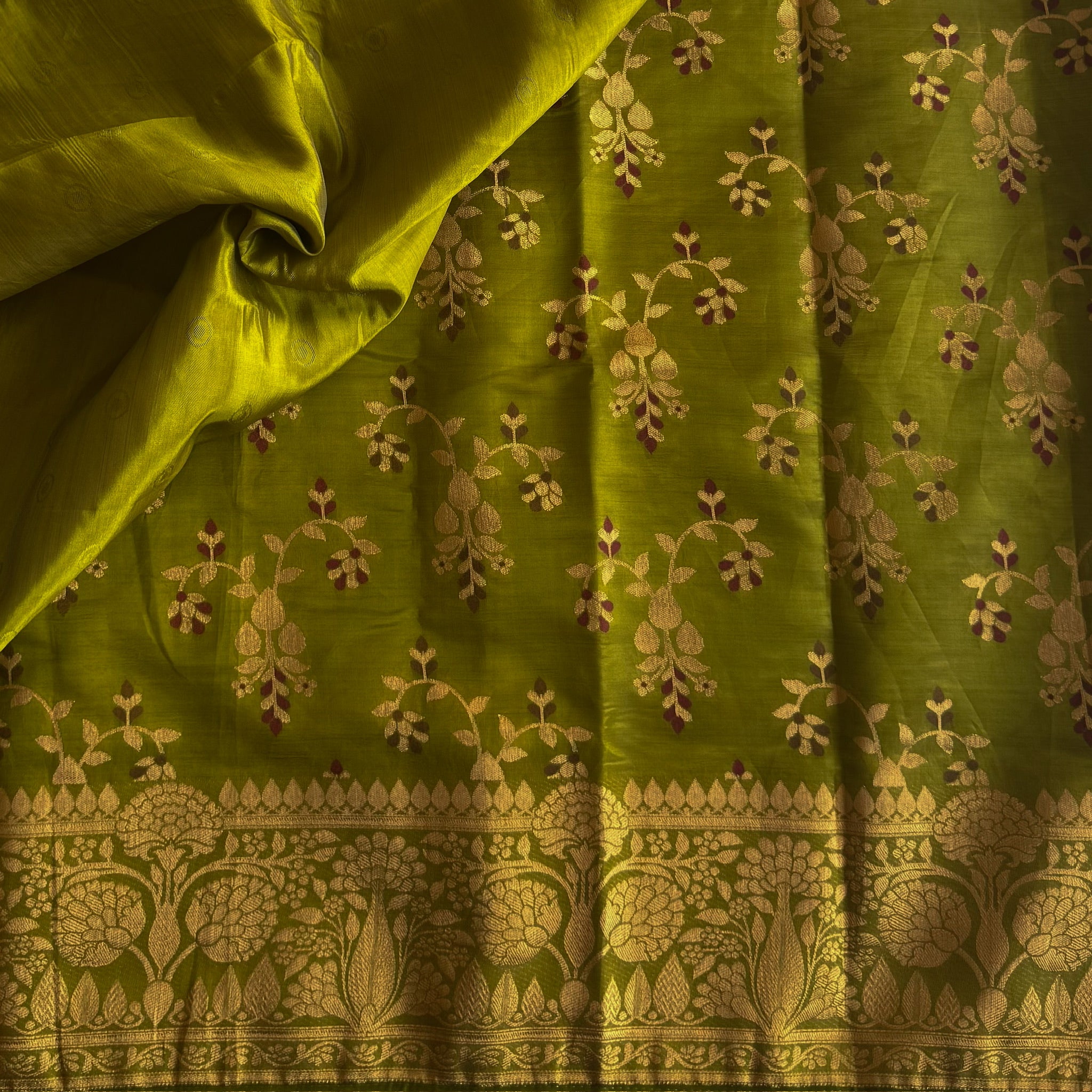 Chartreuse Green Banarasi Silk Saree Metallic Gold Brocade Pallu Border
