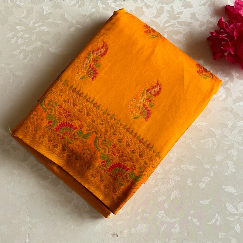 Sunset Yellow Meenakari(Woven not printed )Soft Tussar Saree With Vibrant Woven Pallu