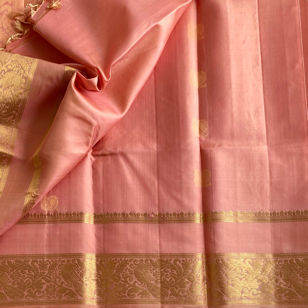 Dreamy Blush Pink Designer Pure Silk Saree With Antique Gold Zari