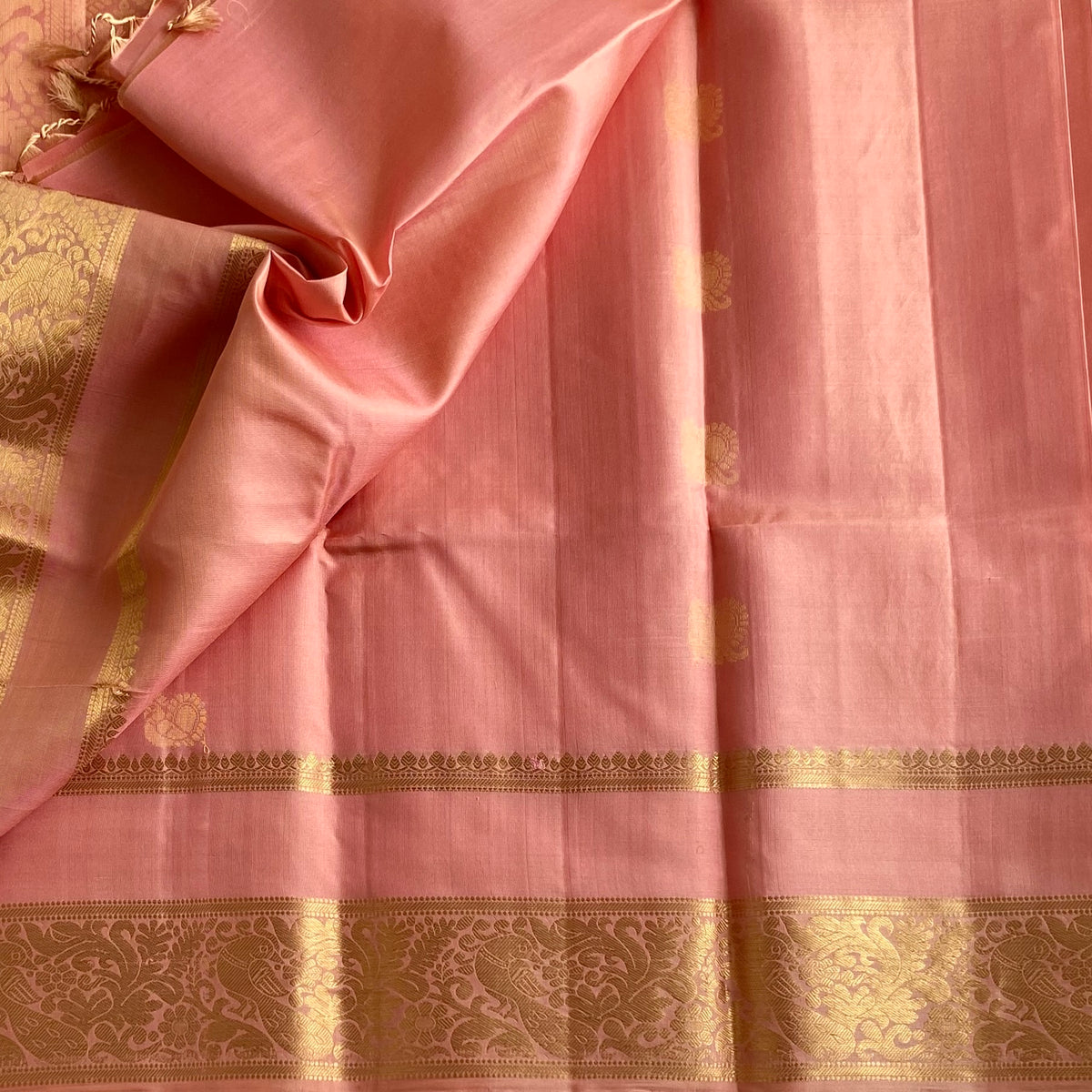 Dreamy Blush Pink Designer Pure Silk Saree With Antique Gold Zari
