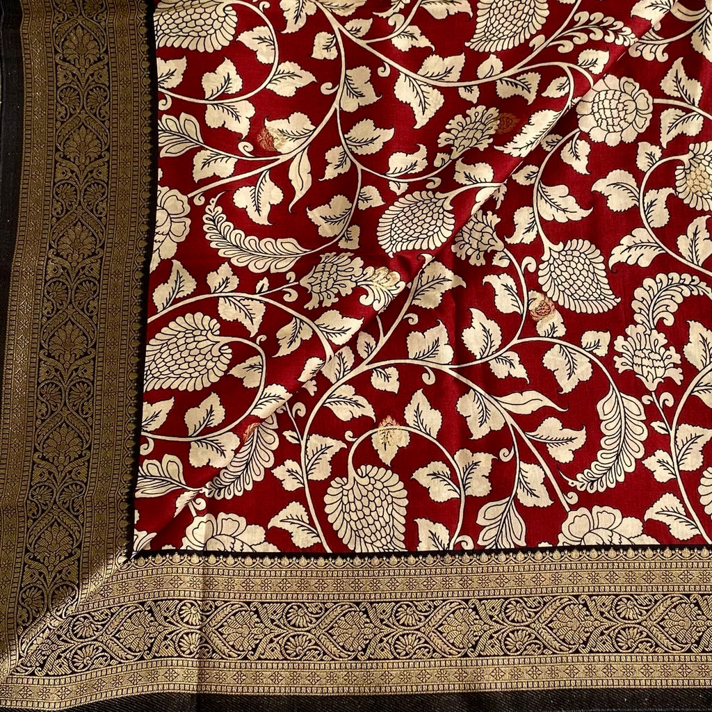 Maroon with Wine Black Kalamkari Designer Soft Tussar Silk