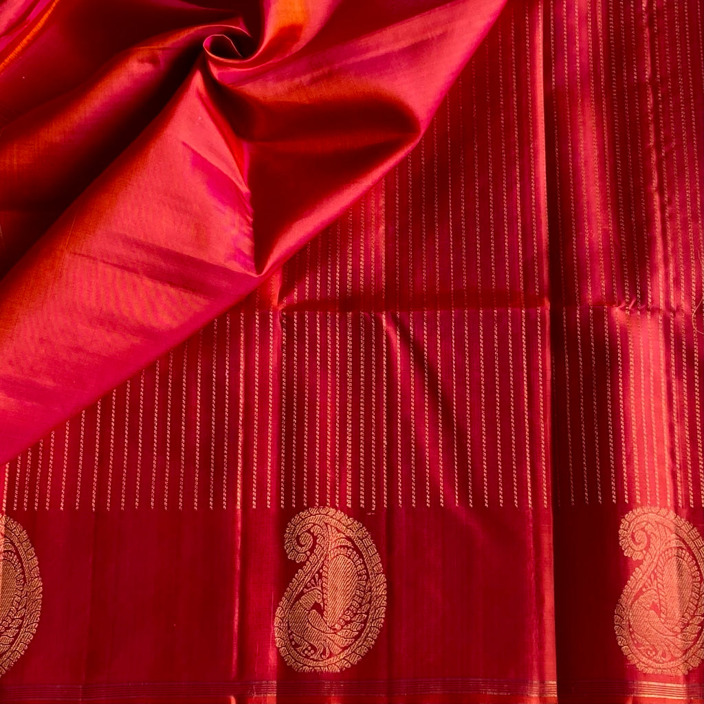 Kanakambari Orangish Red Designer Pure Silk Saree With Paisley Borders