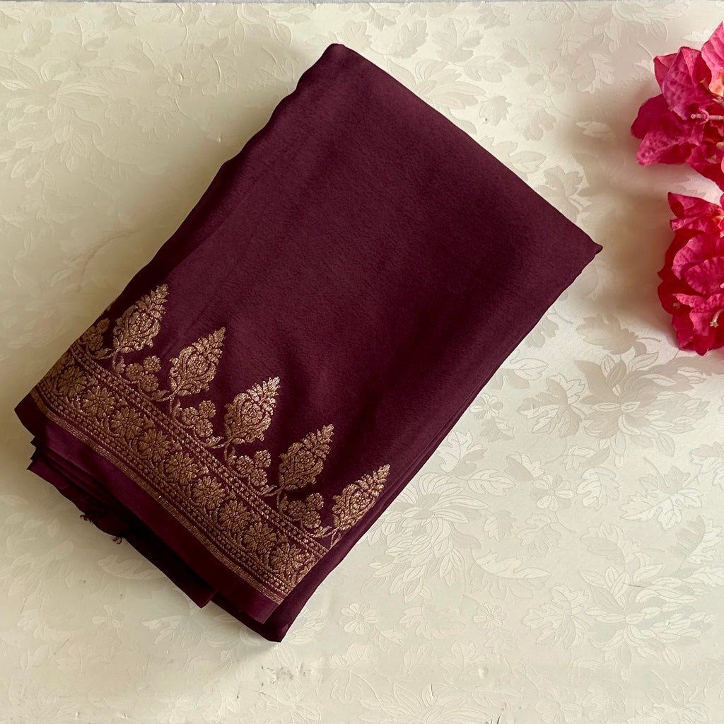 Plum Purple Saree with Rose Gold Brocade Floral Border Pallu